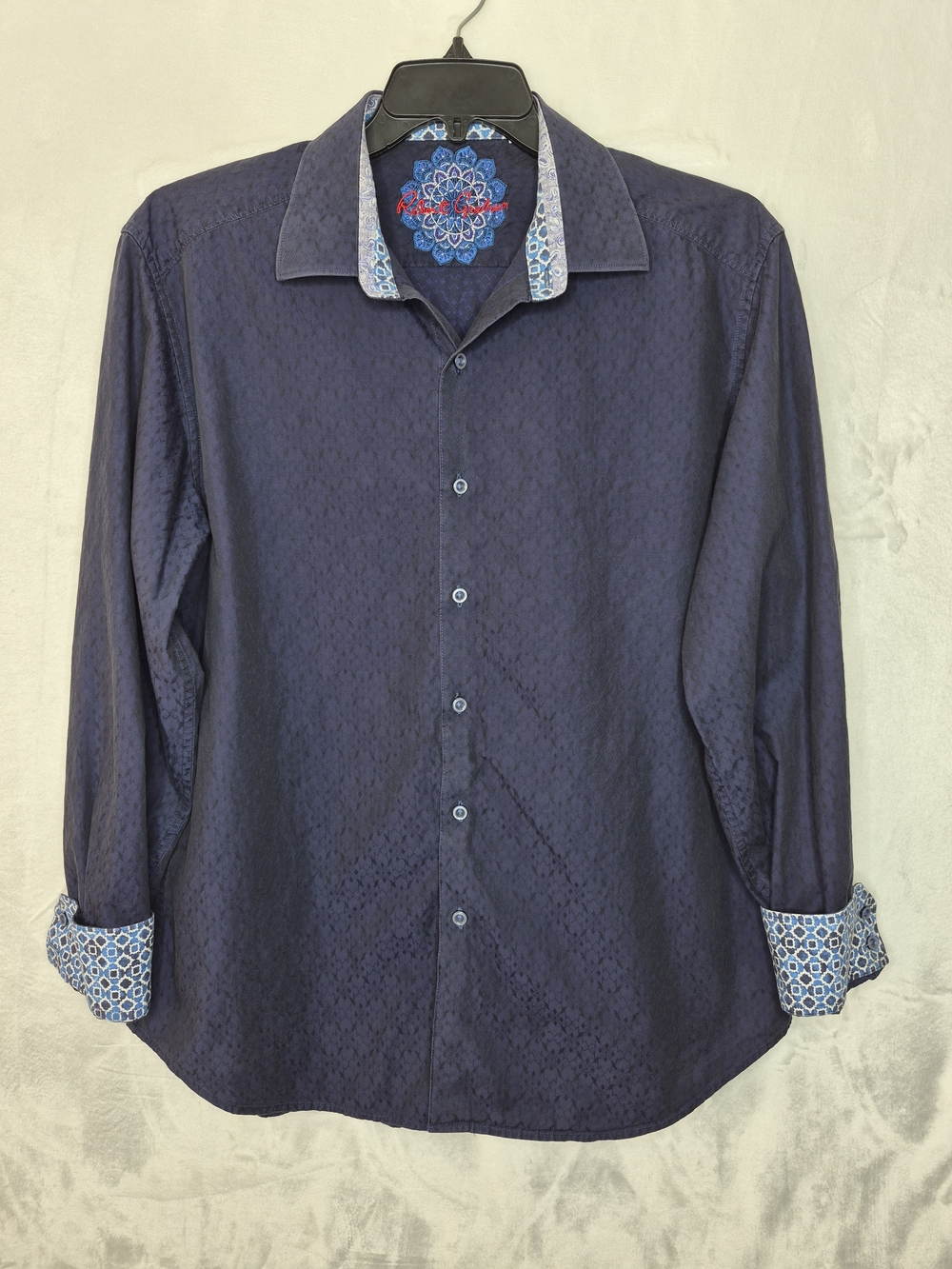 Robert Graham Flip Cuff Button Down Shirt‎ Navy Blue Mosaic Trim Mens XL